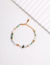 Moss Agate & Green Strawberry Quartz Pearl Bracelet